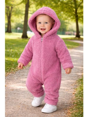 Chicsy Baby Kışlık Tatlı Unisex Kapüşonlu Peluş Fermuarlı Bebek Tulum