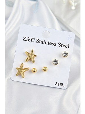 Jade'm Gold Jadem Gold 316L Çelik Zirkon Taşlı Deniz Yıldızı Model Gümüş Renk Kadın Set Küpe