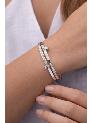 Çift Sıra Taşlı Modern Kadın Kelepçe Bileklik – Gümüş Renk