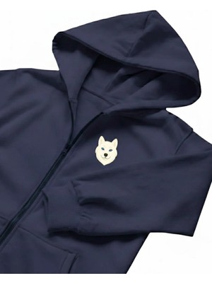 Muhtar Store Erkek Beyaz Husky Baskılı Oversize Fermuarlı Hoodie