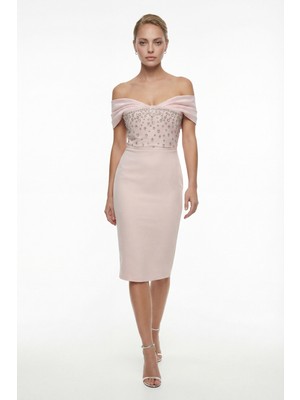 Lafaba Kadın Pudra Kayık Yaka Taşlı Midi Söz Nişan Nikah Abiye Elbise