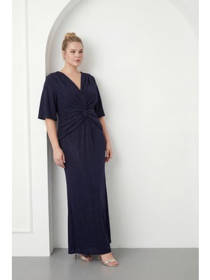 Lafaba Kadın Lacivert V Yaka Kısa Kol Büyük Beden Uzun Abiye Elbise