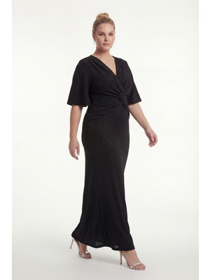 Lafaba Kadın Siyah V Yaka Kısa Kol Büyük Beden Uzun Abiye Elbise
