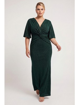 Lafaba Kadın Zümrüt Yeşili V Yaka Kısa Kol Büyük Beden Uzun Abiye Elbise