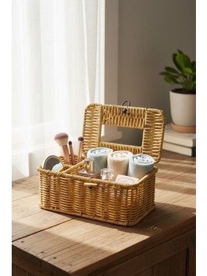 Plentiful Bölmeli Kapaklı Doğal Rattan Görünümlü Hasır Makyaj, Takı ve Havlu Düzenleyici – Peçetelikli