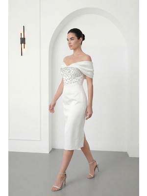 Lafaba Kadın Beyaz Kayık Yaka Taşlı Midi Söz Nişan Nikah Abiye Elbise