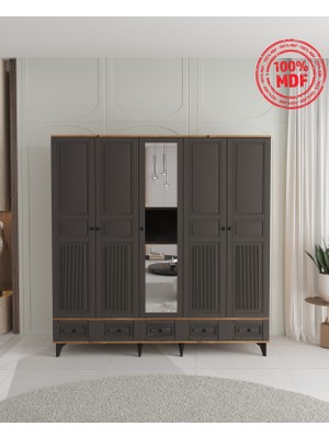 T&B NİL 5 KAPAKLI ÇEKMECELİ GARDIROP - TAMAMI MDF