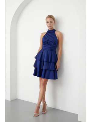 Lafaba Kadın Lacivert Halter Yaka Saten Mini Mezuniyet Abiye Elbise