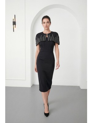 Lafaba Kadın Siyah Dar Kalıp Ceketli Taşlı Midi Söz Nişan Nikah Abiye Elbise