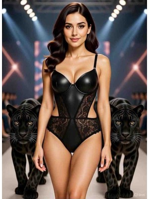 Love Secret Siyah Deri Görünümlü Dantel Detaylı Fantazi Bodysuit