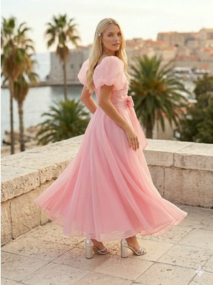 Tarz Çocuk Kız Çocuk Pembe Şifon Abiye Elbise – Balon Kollu, Belden Fiyonklu, Midi Boy Özel Gün Elbisesi (9-14 Yaş)