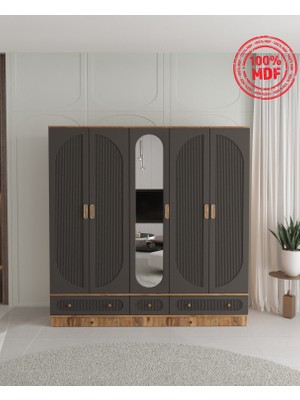 T&B Soho 5 Kapaklı Çekmeceli Bazalı Gardırop - Tamamı Mdf