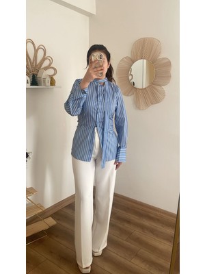 Nihanello Butik Çizgili Belden Oturmalı Gömlek