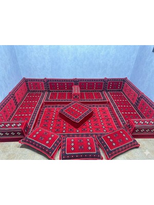 Coton Şark Köşesi Otantik Desenli Lüx Minder Takımı Kırmızı 19 Parça