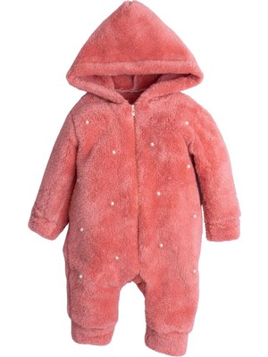 Chicsy Baby Kışlık Tatlı Peluş Pamuklu Inci Nakışlı Kapüşonlu Bebek Çocuk Welsoft Tulum