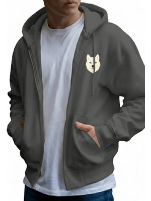 Muhtar Store Erkek Beyaz Husky Baskılı Oversize Fermuarlı Hoodie