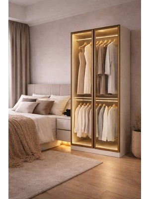 EOS Mobilya Sensörlü Led’li Çift Askılı 1 Raflı Gardırop 100X59X218 cm Reflekte Bronz Cam Kapaklı - 604