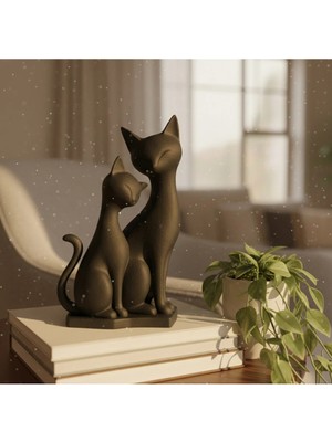 Kafs Store Mat Siyah Dekoratif Kedi Heykeli - 2'li Set Görünümlü Dekoratif Obje 15 cm
