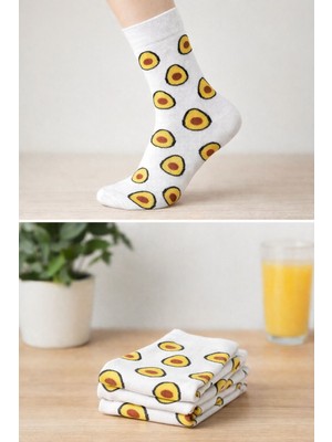 Zenvi Avokado Tasarımlı Çorap Beyaz 4 Çift