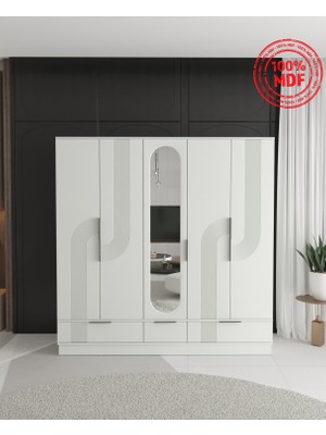 T&B Ekin 5 Kapaklı Çekmeceli Bazalı Gardırop - Tamamı Mdf