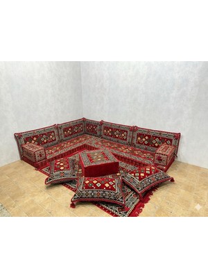 Coton Şark Köşesi Şili Desenli Minder Takımı Konsept Kırmızı 14 Parça