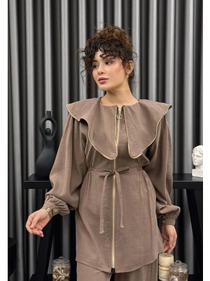 Cardella Liora Yazlık Tnsl Kumaş Fermuar Detaylı Gömlek Pantolon Takım – Modern Tesettür Uyumlu Alt Üst Takım