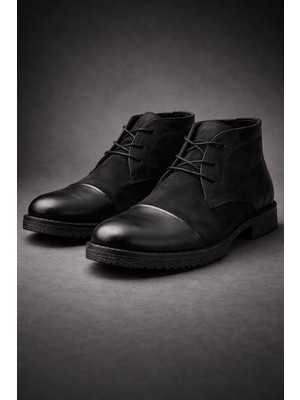 Erkek Siyah Hakiki Deri & Nubuk Bot – Iç Dış %100 Deri, Bağcıklı, Bilekli, Dayanıklı Kalın Tabanlı, Şık ve Konforlu Günlük Klasik Model