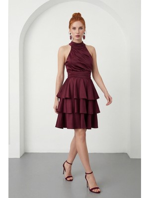 Lafaba Kadın Bordo Halter Yaka Saten Mini Mezuniyet Abiye Elbise