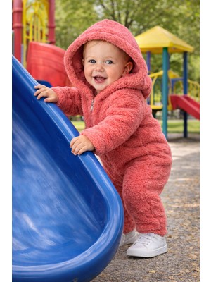 Chicsy Baby Kışlık Tatlı Unisex Kapüşonlu Peluş Fermuarlı Bebek Tulum
