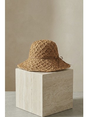 Mollycrush Kadın Camel Dantel Desenli Plaj Şapkası - Hasır El Yapımı Ayarlanabilir Bucket