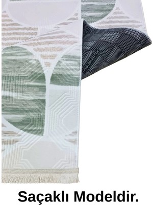NarStore Home Dinar Geometrik Desen Saçaklı Yeşil Kaymaz Taban Yıkanabilir Kesme Yolluk Halı
