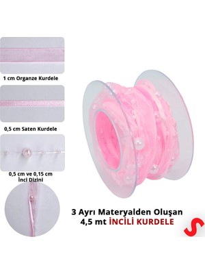 Süsle Bebek ve Parti Incili ve Satenli Organze Kurdele, 4 cm x 4,57 mt - Pembe