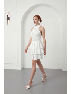 Lafaba Kadın Beyaz Halter Yaka Saten Mini Mezuniyet Abiye Elbise