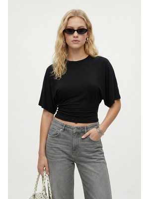 Ritnice Kadın Zoe Bele Oturan Bisiklet Yaka Kısa Kollu Siyah Örme Bluz