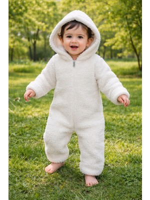 Chicsy Baby Kışlık Tatlı Unisex Kapüşonlu Peluş Fermuarlı Bebek Tulum