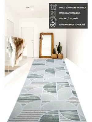 NarStore Home Dinar Geometrik Desen Saçaklı Yeşil Kaymaz Taban Yıkanabilir Kesme Yolluk Halı