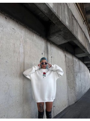 paris store Oversize Üç Iplik Bisiklet Yaka Baskılı Sweatshirt - Beyaz