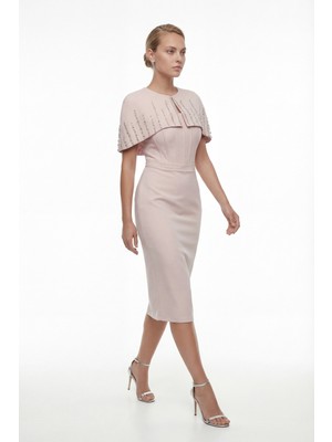 Lafaba Kadın Pudra Dar Kalıp Ceketli Taşlı Midi Söz Nişan Nikah Abiye Elbise