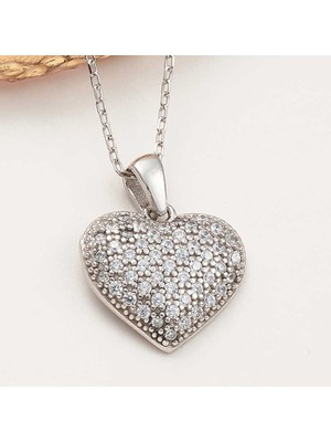 Derin Stok 925 Ayar Gümüş Bombeli Kalp Kadın Kolye