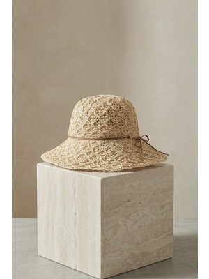 Mollycrush Kadın Bej Dantel Desenli Plaj Şapkası - Hasır El Yapımı Ayarlanabilir Bucket