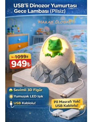 Makay Dinozor Yumurtası Gece Lambası 3D LED USB Kablolu Pilsiz – Çocuk Odası Dekoratif Masa Lambası