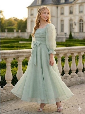 Tarz Çocuk Kız Çocuk Şifon Uzun Kollu Abiye Elbise – Belden Fiyonklu, Midi Boy Özel Gün Elbisesi (10-15 Yaş) – Pudra & Mint