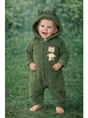 Chicsy Baby Kışlık Tatlı Ayıcık Figürlü Kapüşonlu Peluş Fermuarlı Bebek Tulum