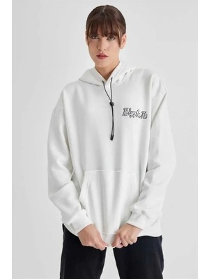 paris store Kapüşonlu Sırt Baskılı Üç Iplik Oversize Sweatshirt - Beyaz
