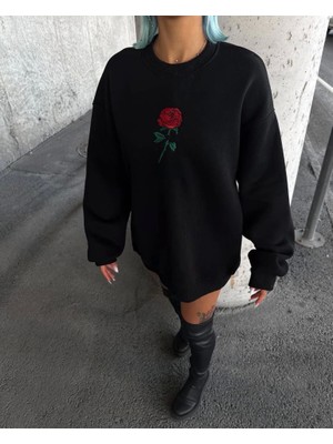 paris store Oversize Üç Iplik Bisiklet Yaka Baskılı Sweatshirt - Siyah