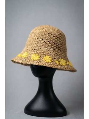 Mollycrush Kadın Hasır Papatya Nakışlı Bucket  - Ayarlanabilir Bağcıklı, Katlanabilir Yazlık Güneş Şapkası