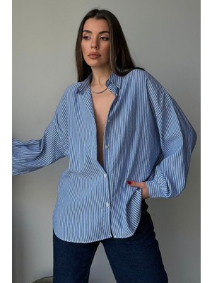 Bacc Mavi Çizgili Oversize Gömlek BCRU-261308