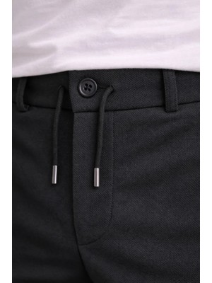 paris store Erkek Diagonel Mikro Dokulu Duble Paça Cepli Pantolon Bağcıklı Bel, Modern Kesim - Siyah