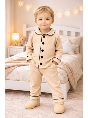 Chicsy Baby Bebek Düğmeli Pijama Takımı Yumuşak Kumaş Uzun Kollu Rahat Kesim Erkek Bebek Uyku Takımı