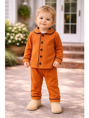 Chicsy Baby Bebek Düğmeli Pijama Takımı Yumuşak Kumaş Uzun Kollu Rahat Kesim Erkek Bebek Uyku Takımı